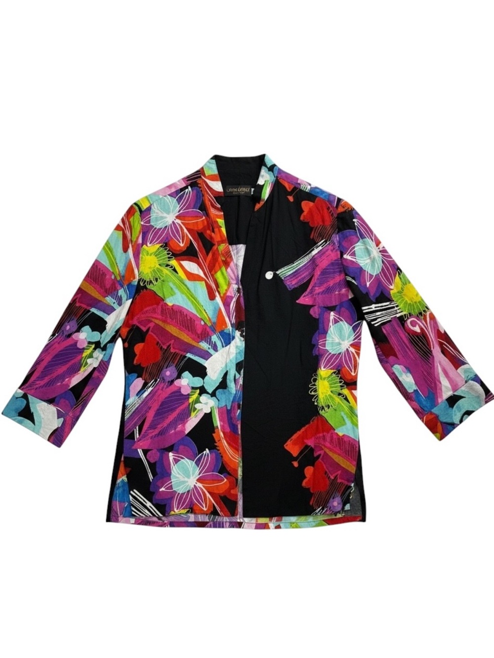 Jams World Caviar XL Long Sleeve Button Blouse USA Made Hawaiian Floral W604-CAV
